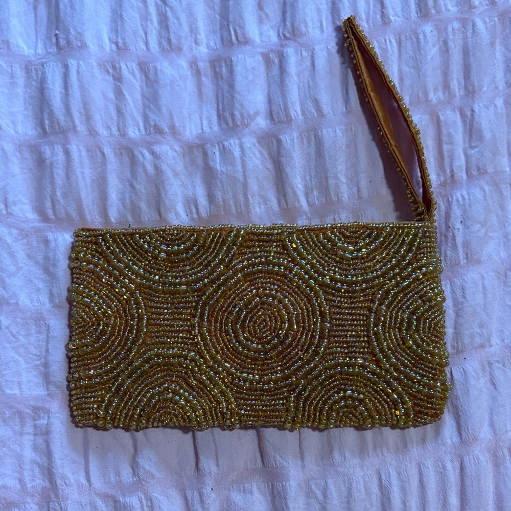 Gold Iridescent Beaded Wristlet Clutch - Elegant Evening Bag